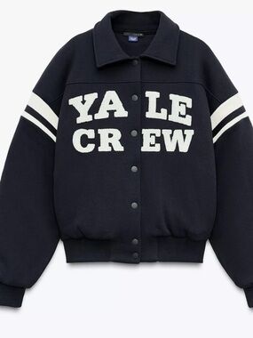 Zara Black Bomber Jacket with White 'YALE CREW' Lettering